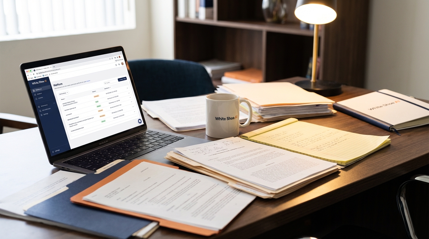 A modern legal desk with messy papers