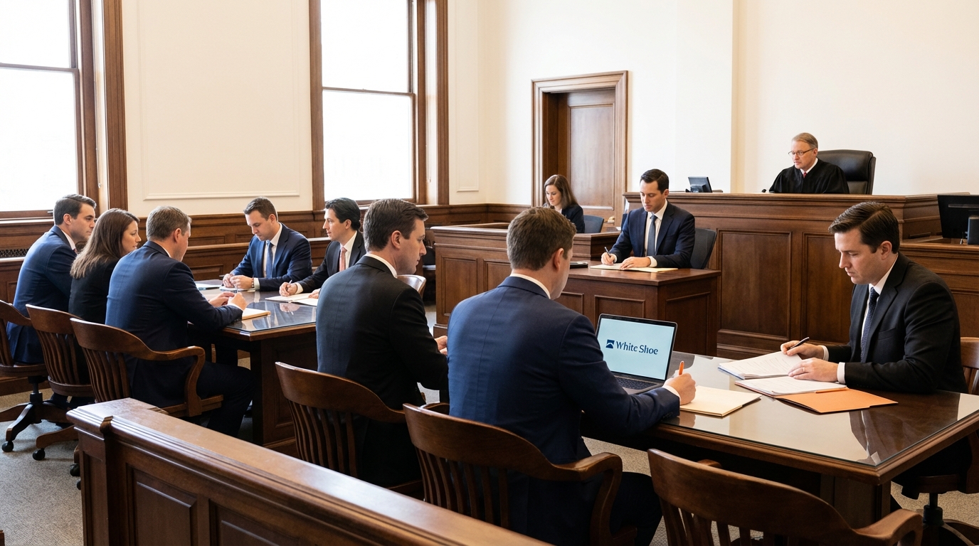 Generate an image of a courtroom with lawyers and parties