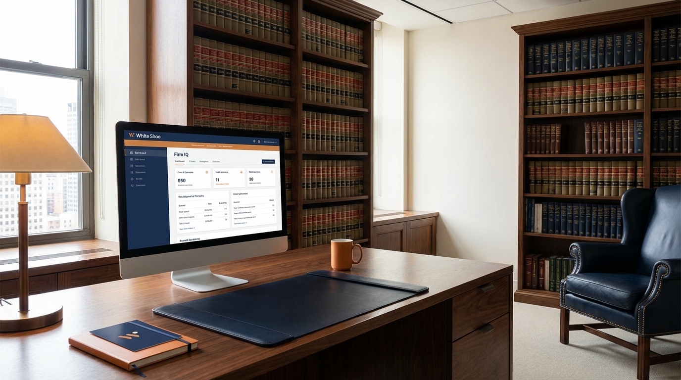 Create an image of legal office with bookshelves and a compute