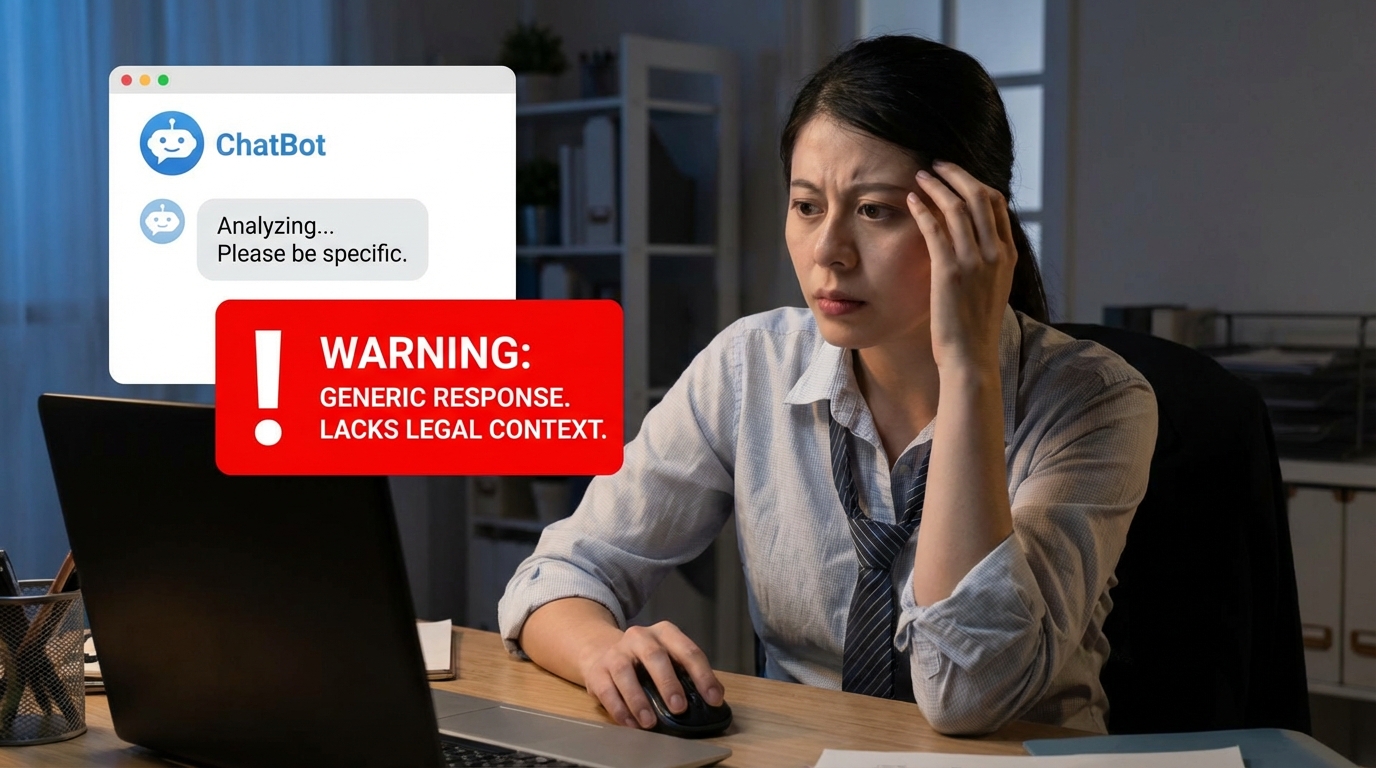 Junior lawyer on a computer asking a generic chatbot a question and a red warning sign prominent