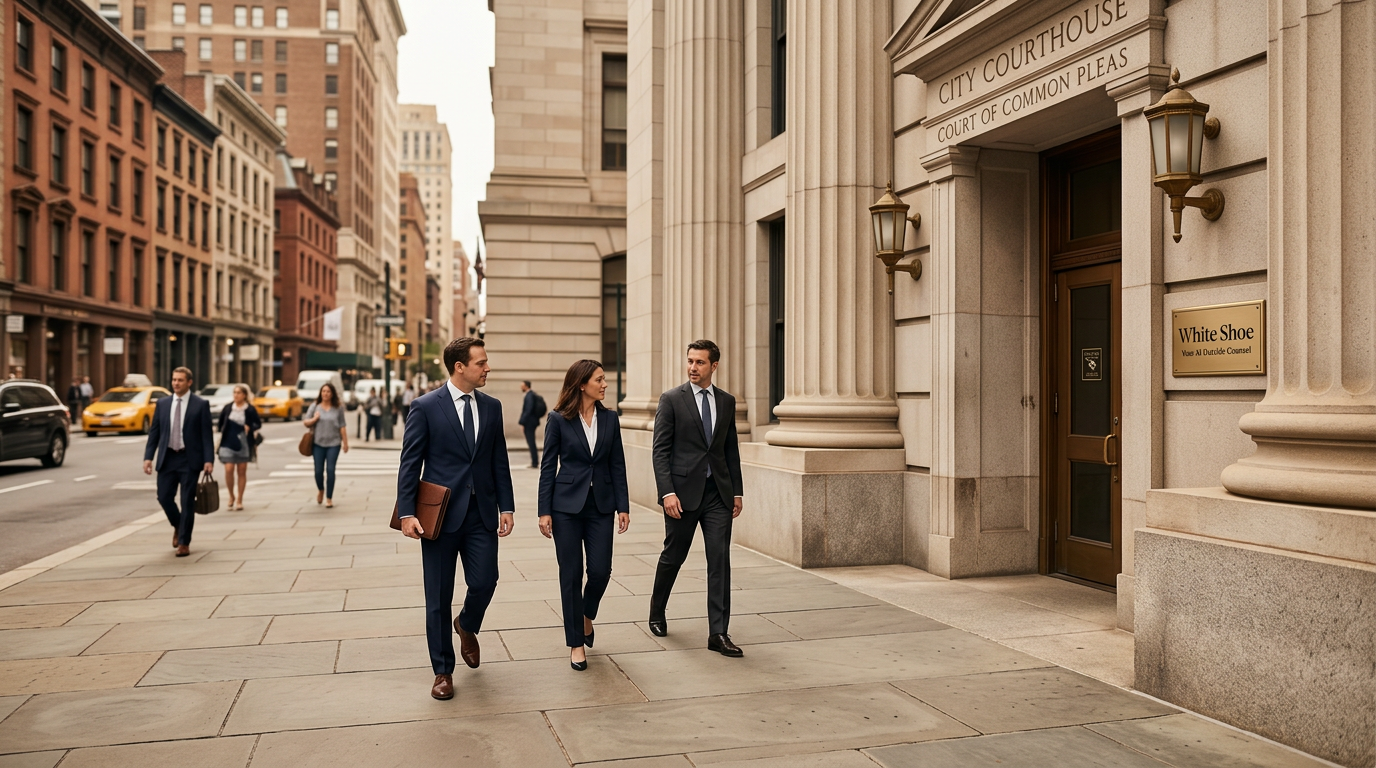 Lawyers walking into a courthouse on a busy city street