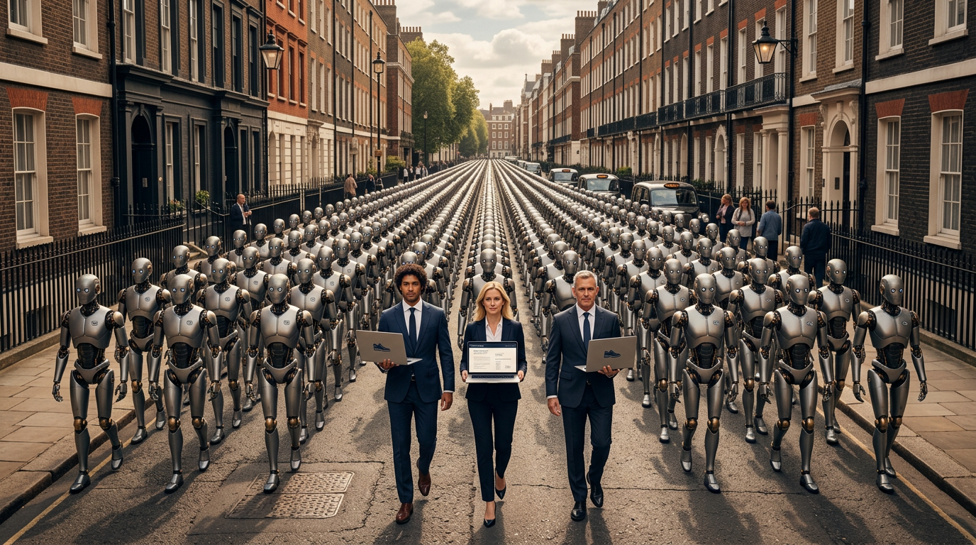 3 human lawyers holding laptops with White Shoe on them, and an army of robot lawyers behind them. 500 robot lawyers. Looking down a city street in London with brownstones and old townhomes