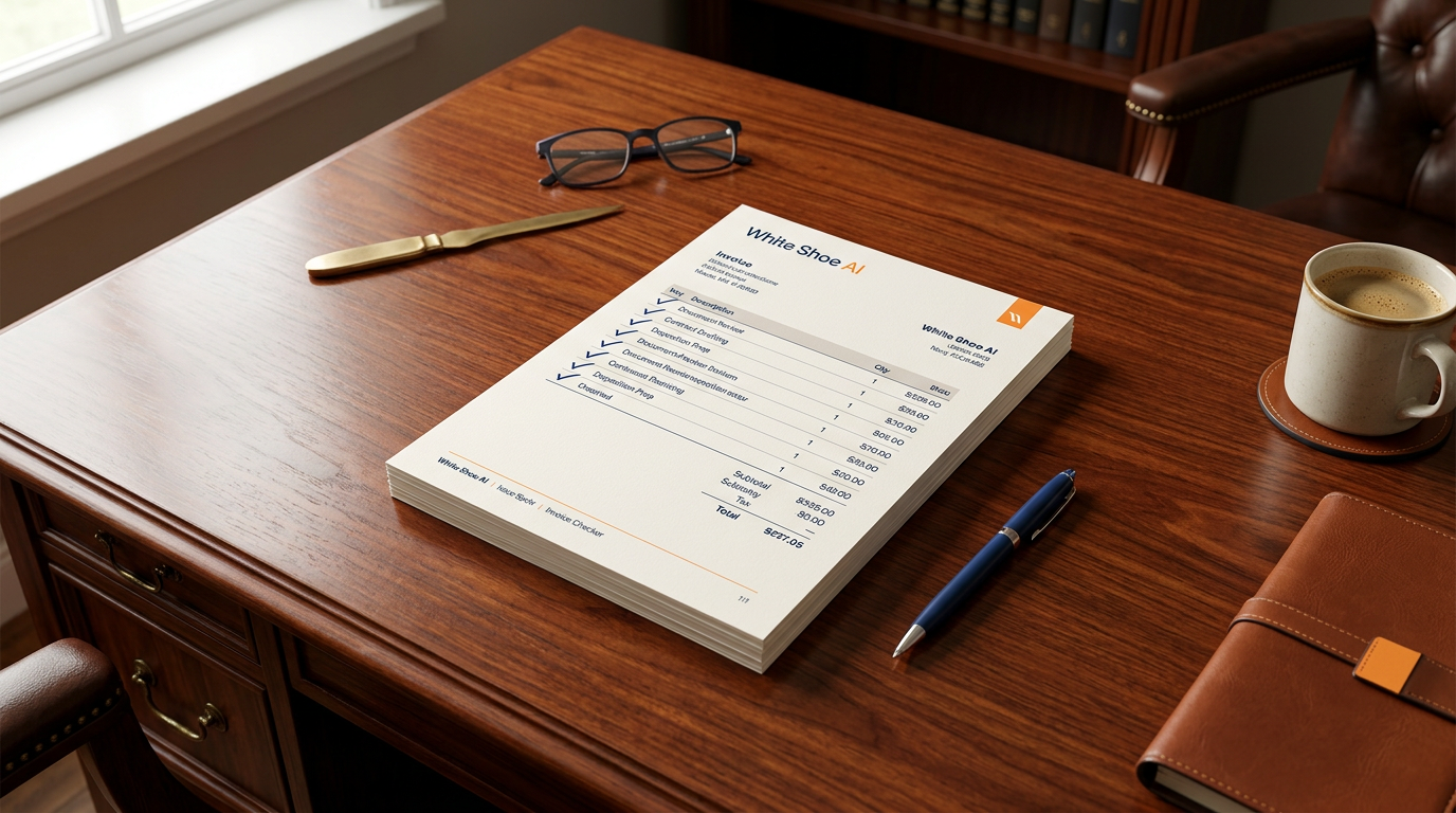 A photorealistic overhead shot of a classic mahogany partner's desk with a single neat stack of legal invoices, where the top invoice has every line item checked off in navy blue ink.